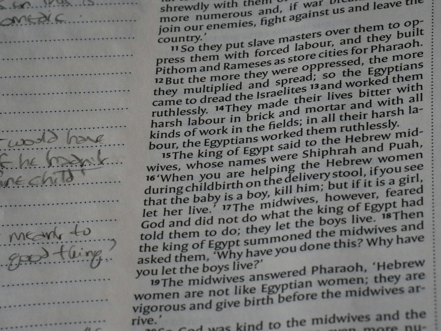 Open book with printed text and handwritten notes on pages.