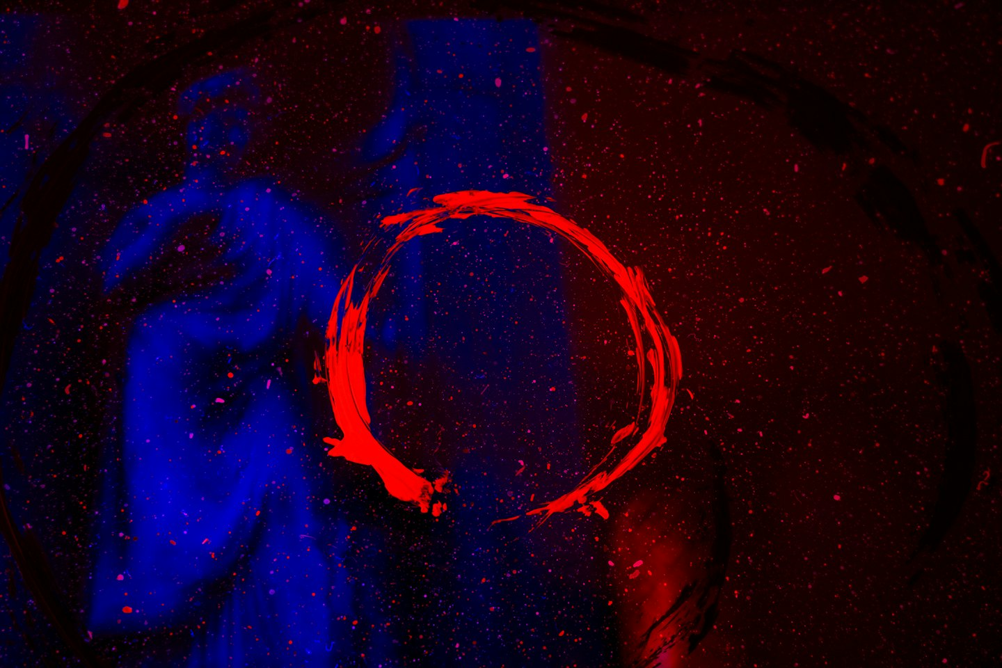 A bright red brushstroke circle swirls against a dark background.